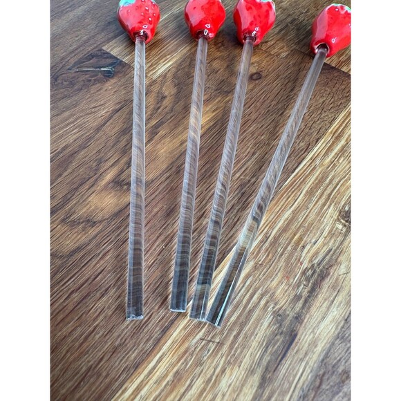 Set of 4 Vintage Glass Strawberry‎ Cocktail Stirrers Swizzle Sticks Barware - Picture 3 of 3